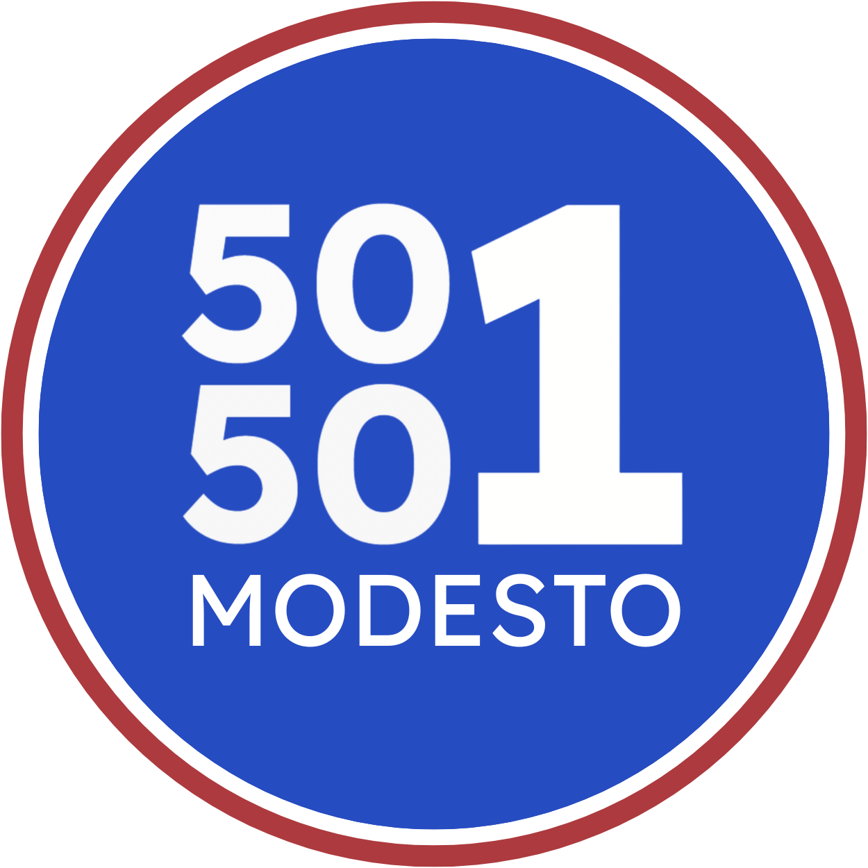 blue logo with white lettering and a red outline that reads 50501 Modesto